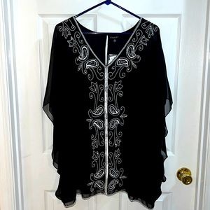 NWT Marina XL black blouse with silver beading and sequins and sheer sleeves.